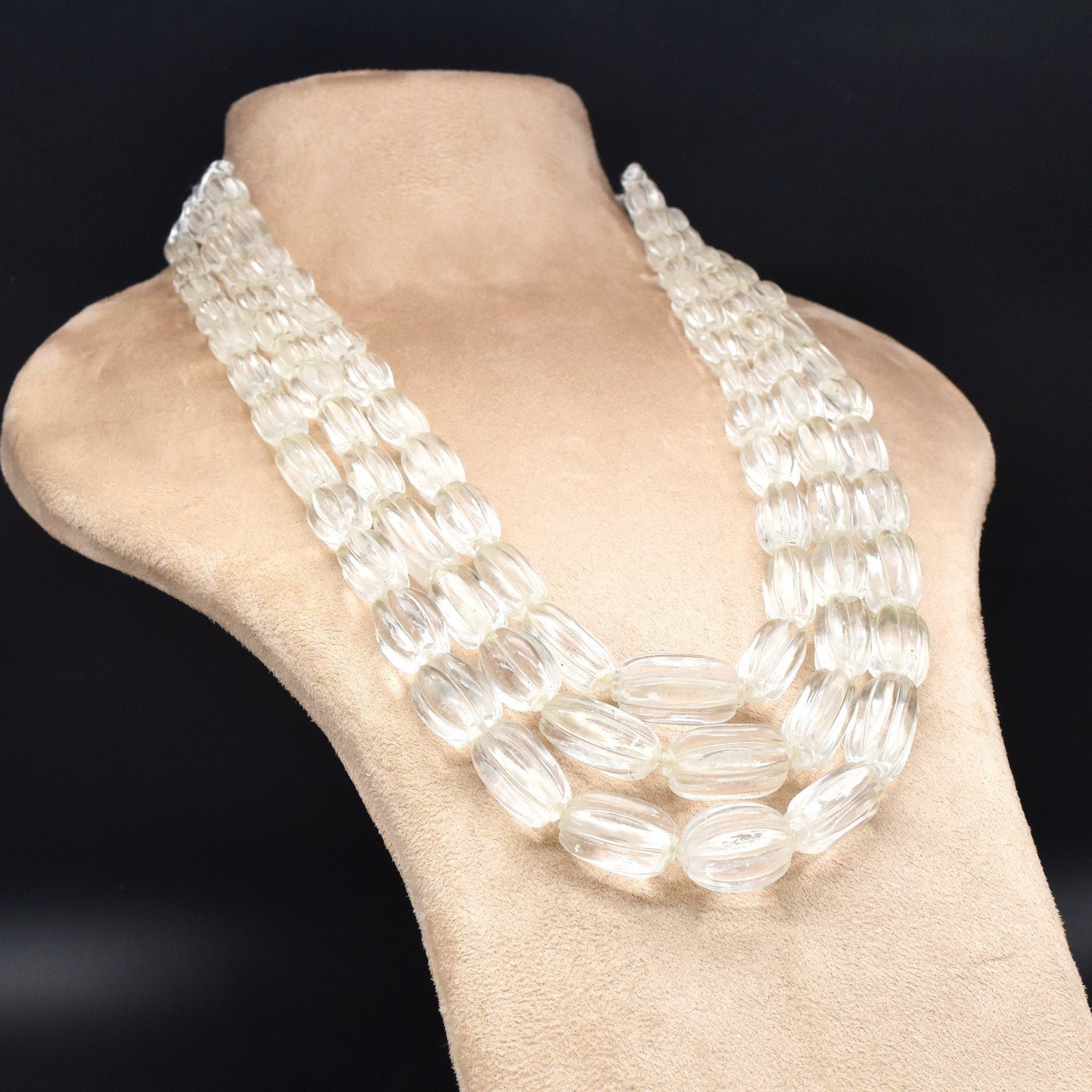 Certified Natural Rock Crystal Quartz 1158 Ct Carved Melon Beads Necklace 3l