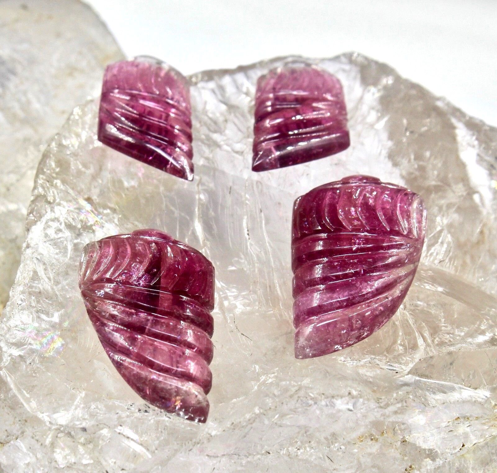 NATURAL PINK TOURMALINE RUBELLITE CARVED 4 PCS 66.35 CARATS GEMSTONE FOR EARRING