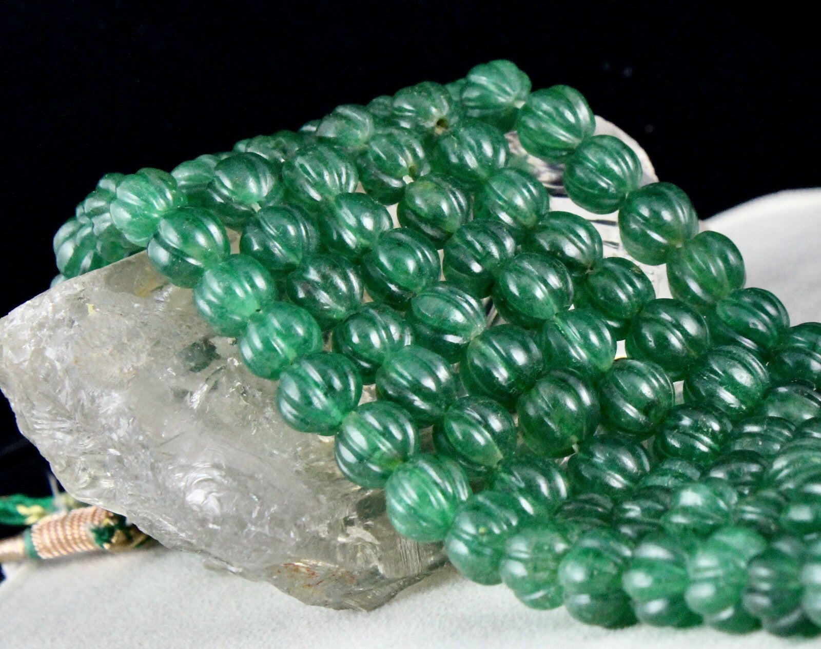 Emerald Green Quartz Melon Beaded Necklace 1486 Ct Carved Gemstone