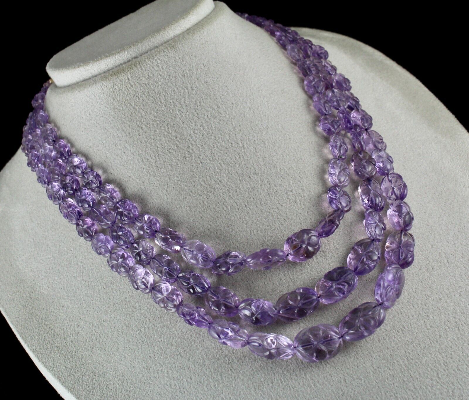 Natural Amethyst Beads Engraved 3 L 529 Ct Purple Gemstone Vintage Necklace