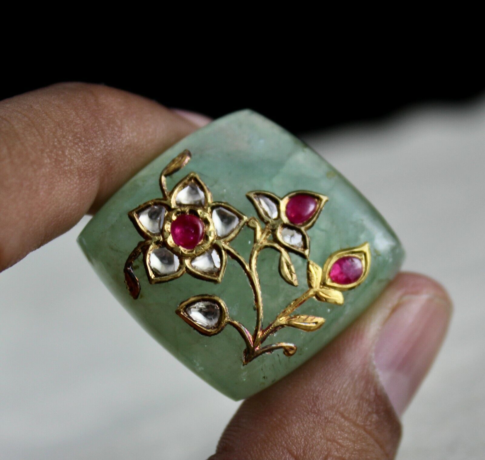 FINEST MUGHAL COLOMBIAN EMERALD CABOCHON GEMSTONE RUBY & DIAMOND IN 22K GOLD