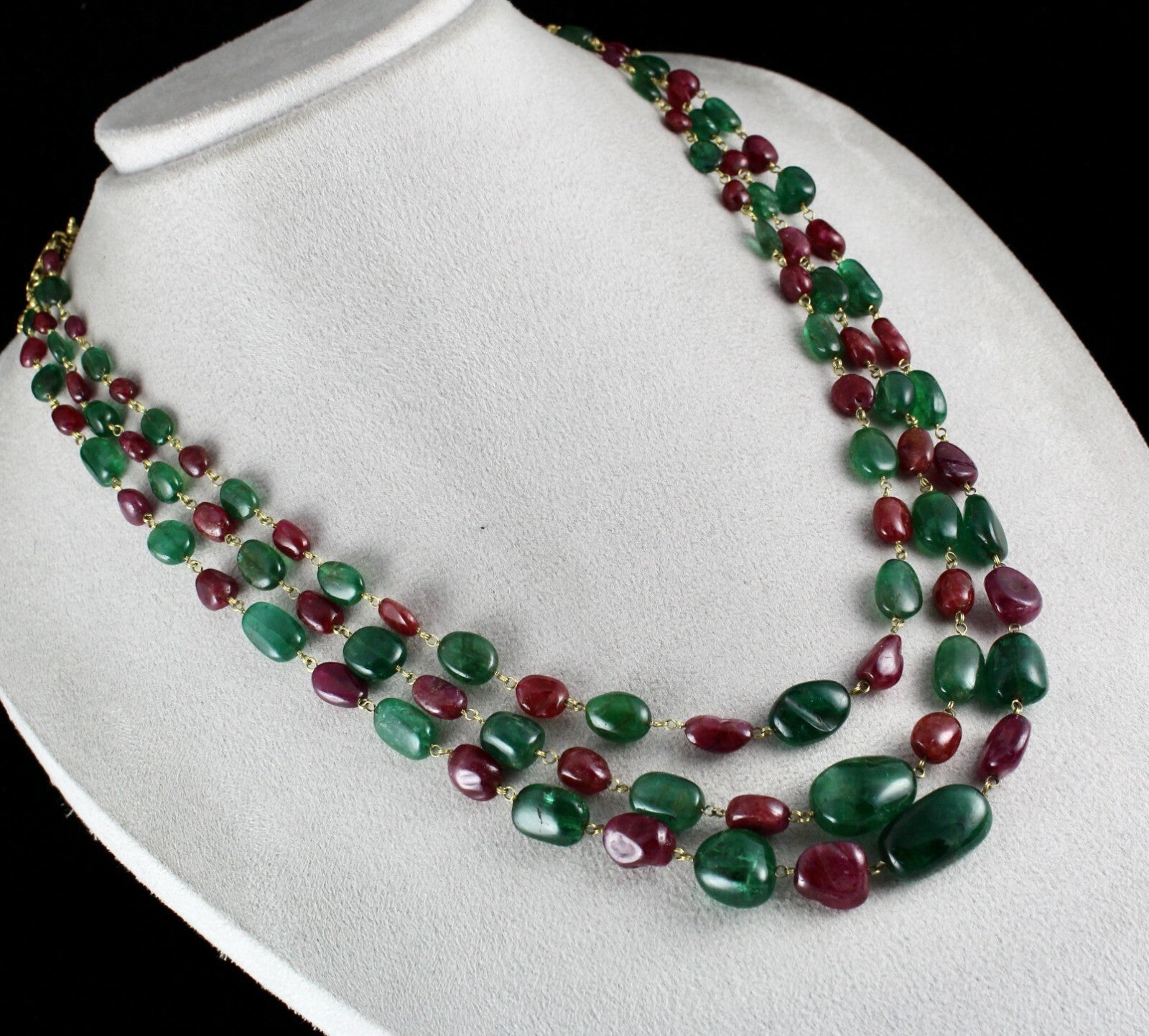 Certified Antique 18k Gold Natural Emerald Burma Ruby Beads Necklace 587 Ct