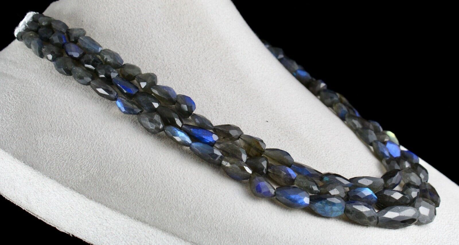 NATURAL BLACK LABRADORITE FACETED TUMBLE 3 LINE 688 CTS GEMSTONE BEADS NECKLACE