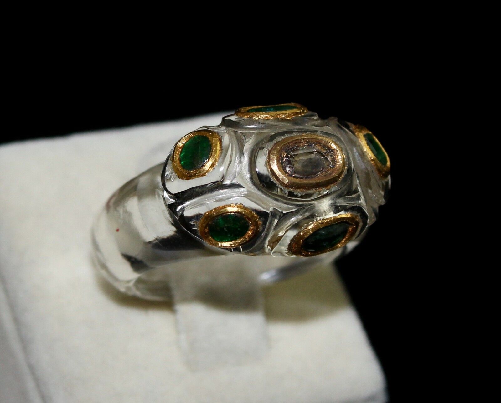 ANTIQUE NATURAL CRYSTAL QUARTZ DIAMOND EMERALD 22K GOLD ETHNIC FASHION RING