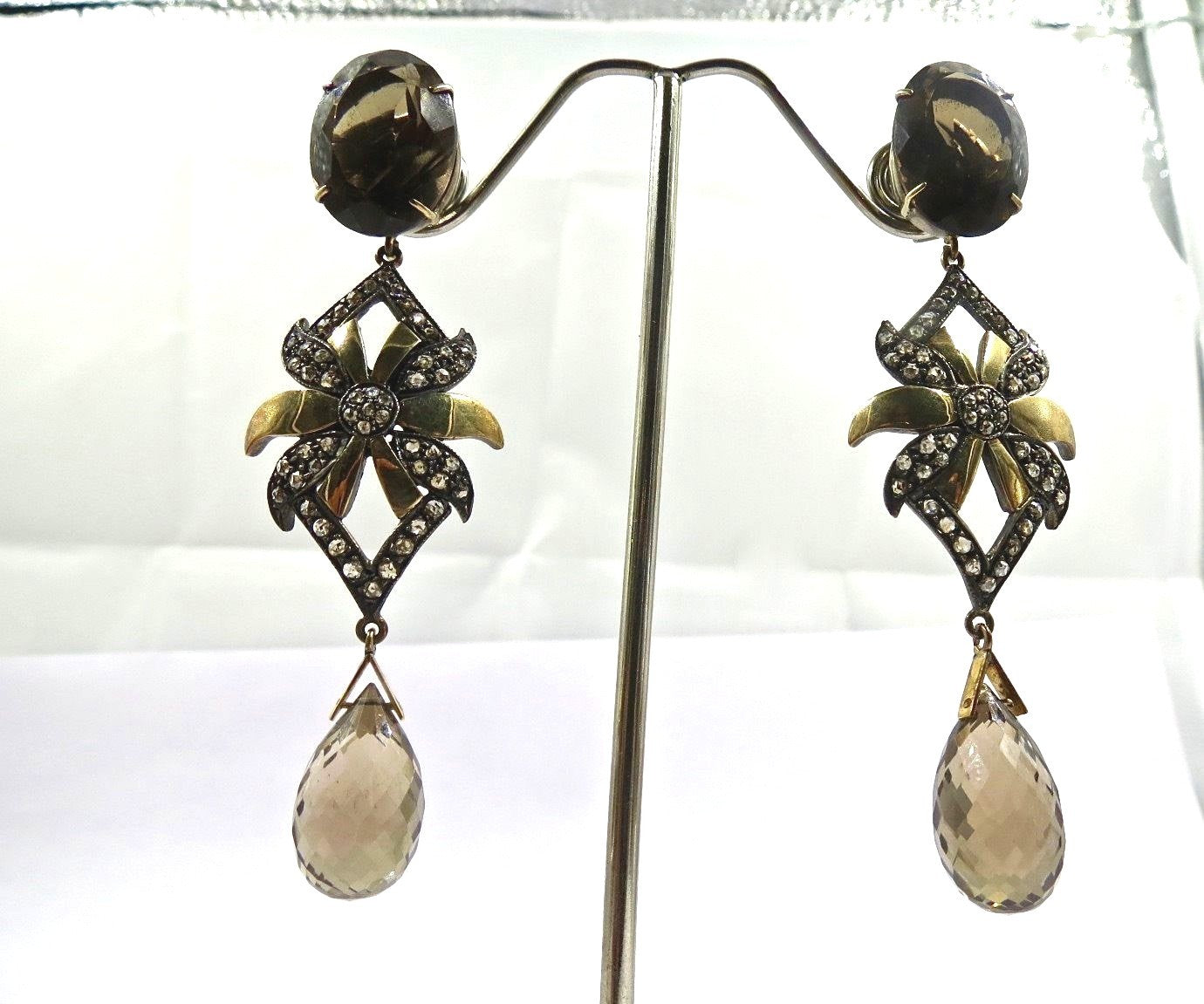 Certified Natural Smoky Quartz 10.00ct Diamond Sterling Silver Earring Victorian