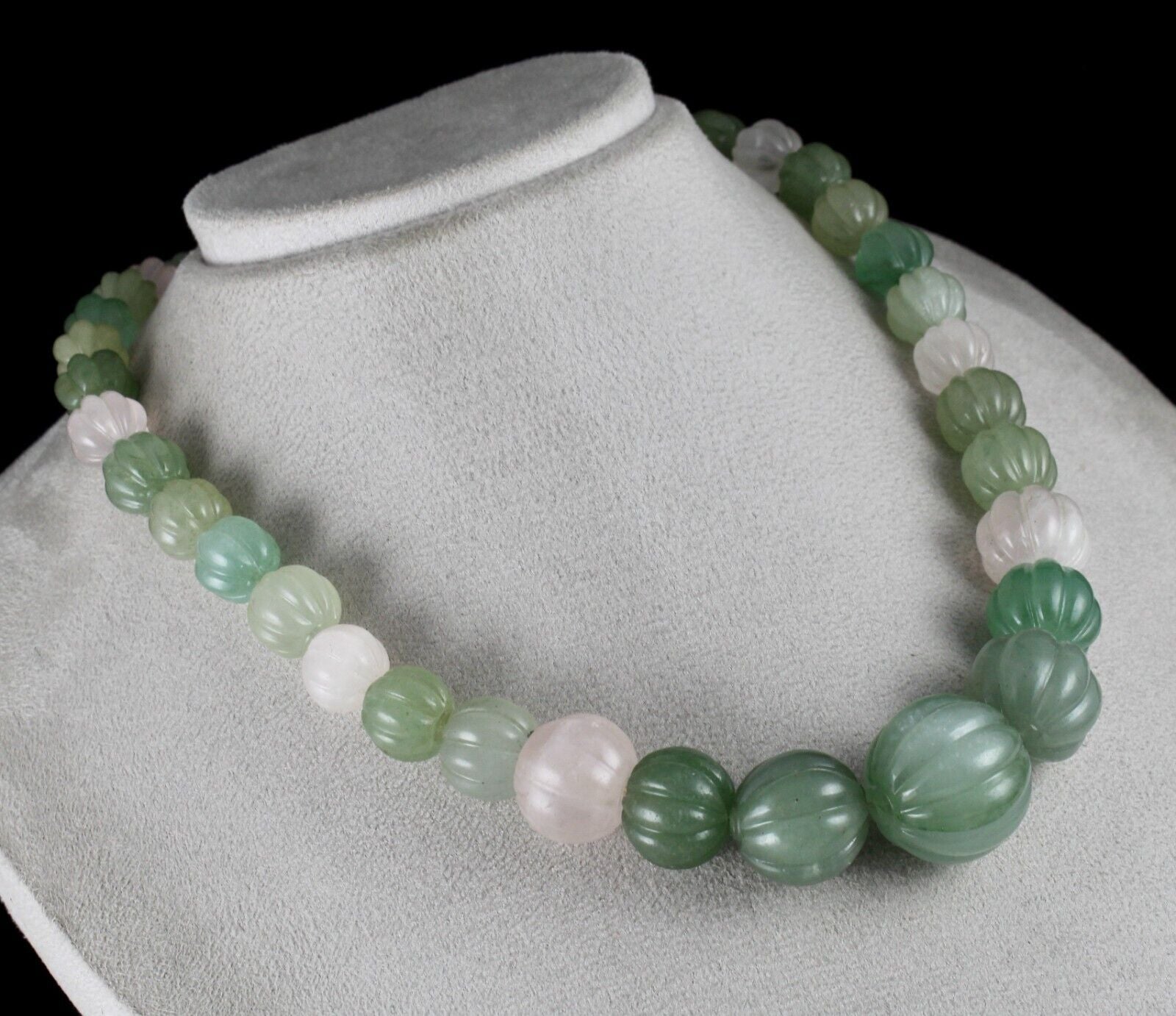 NATURAL INDIAN JADE ROSE QUARTZ MELON CARVED BEADS 854 CTS STONE SILVER NECKLACE