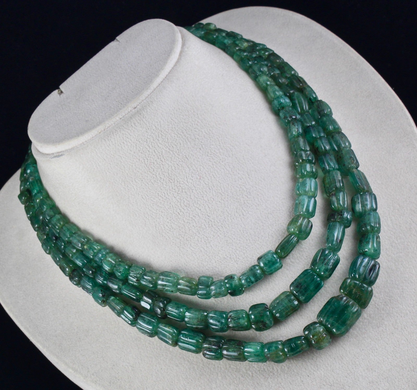 Antique Natural Emerald 746 Ct Beaded Necklace 3 Line Carved Gemstone Certified