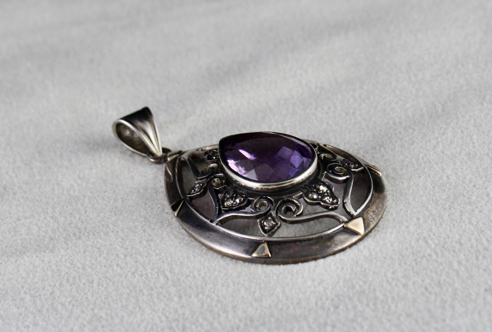 Antique Natural Amethyst 10ct Diamond Victorian Pendant Sterling Silver Gold
