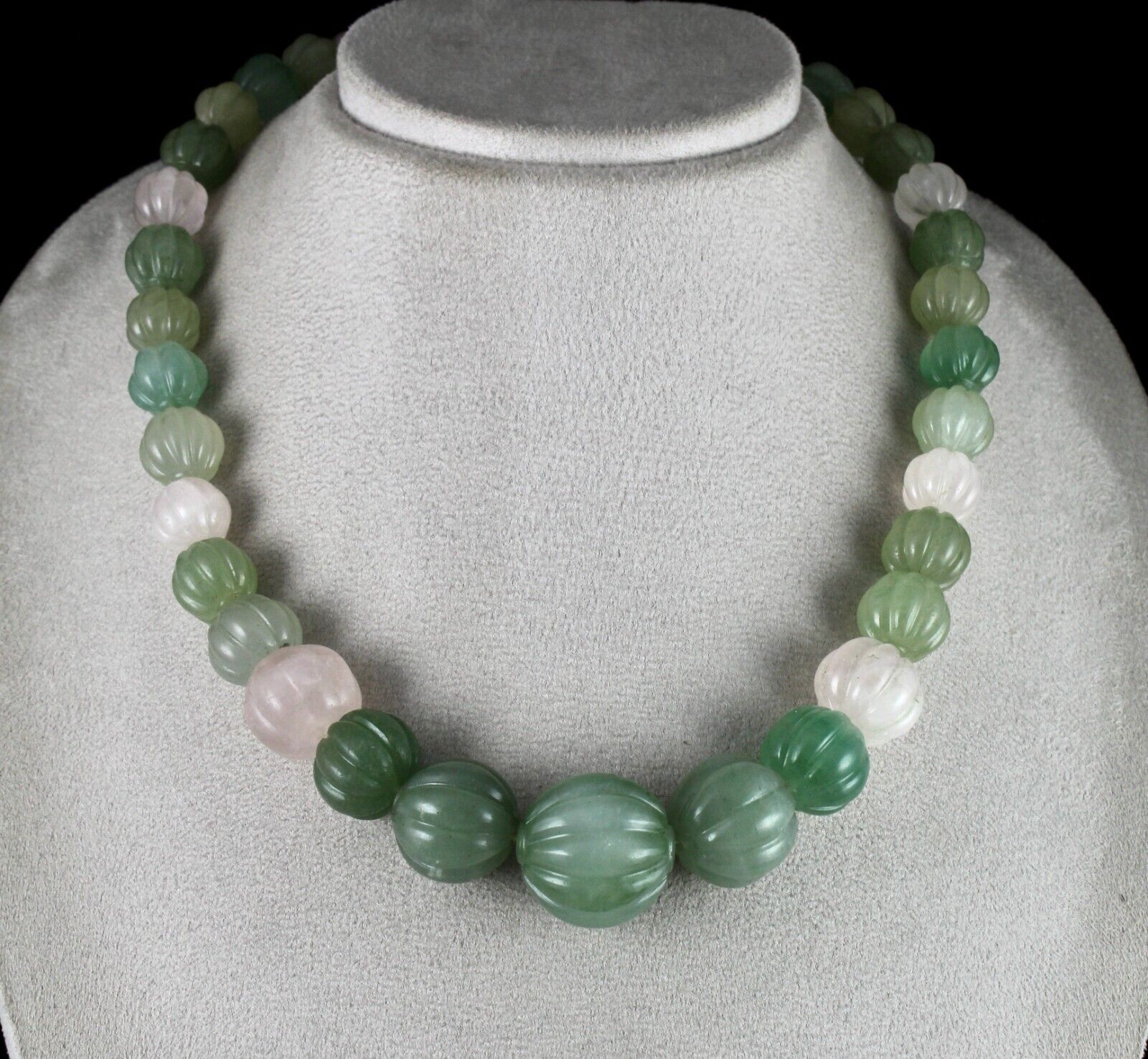 NATURAL INDIAN JADE ROSE QUARTZ MELON CARVED BEADS 854 CTS STONE SILVER NECKLACE