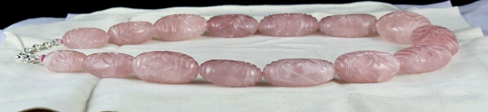 RARE BIG NATURAL ROSE QUARTZ CARVED BEADS 2027 CARATS GEMSTONE SILVER NECKLACE