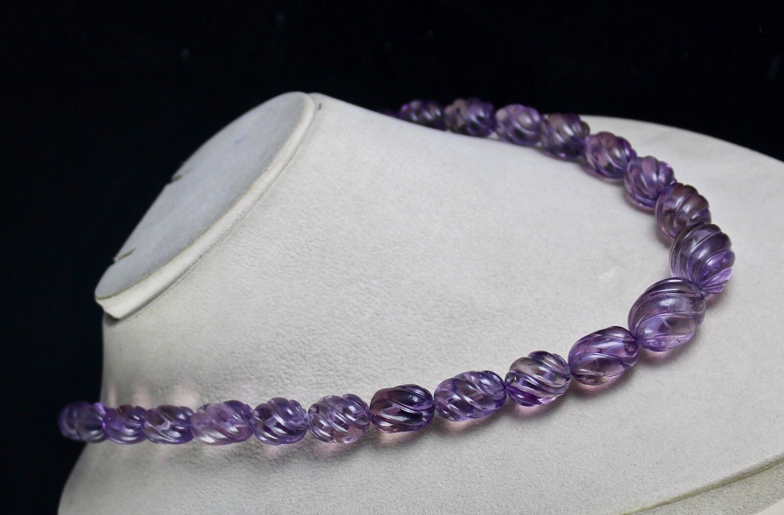 Natural Amethyst Beads Carved Long 552 Ct Gemstone Silver Classic Necklace