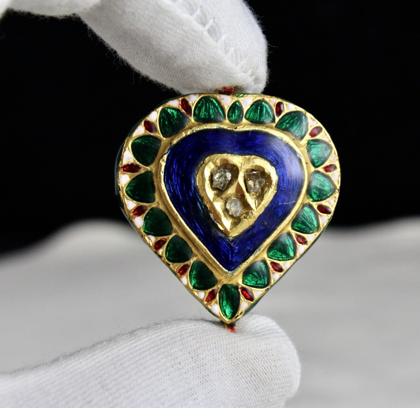 Antique Green Blue Jadau 62.75ct Natural Diamond 22k Kundan Meena Gold Pendant