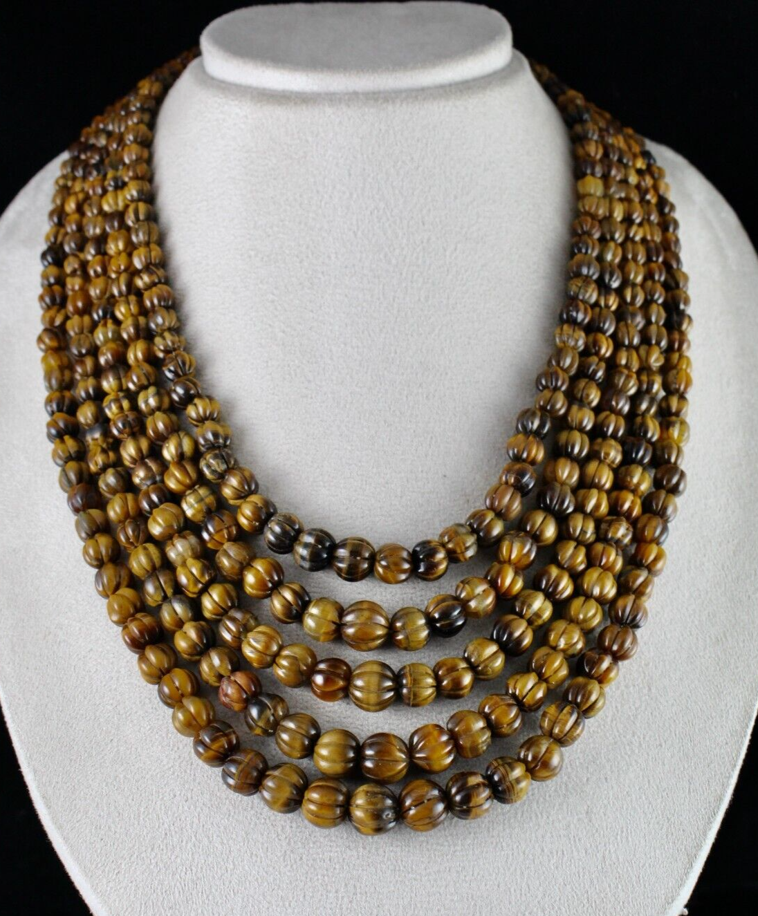 NATURAL TIGER EYE BEADS CARVED 5 LINE 1214 CTS GEMSTONE LADIES ANTIQUE NECKLACE