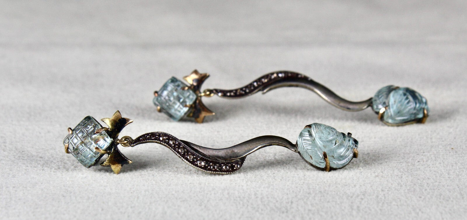 Natural Blue Aquamarine 10ct Carved Natural Diamond 18k Gold 925 Silver Earrings