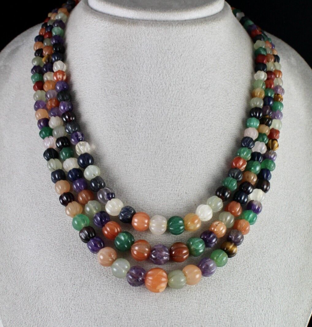 Antique Multi Natural Semi Precious Melon Beads 688ct Carved Gem Necklace