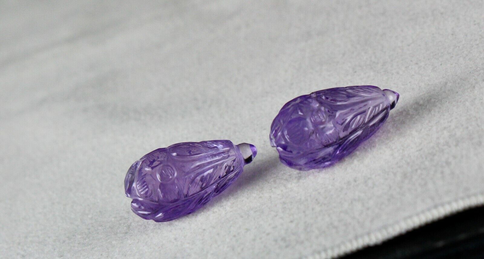 NATURAL AMETHYST CARVED DROPS PAIR 2 PCS 53.80 CARATS GEMSTONE EARRING DESIGNING