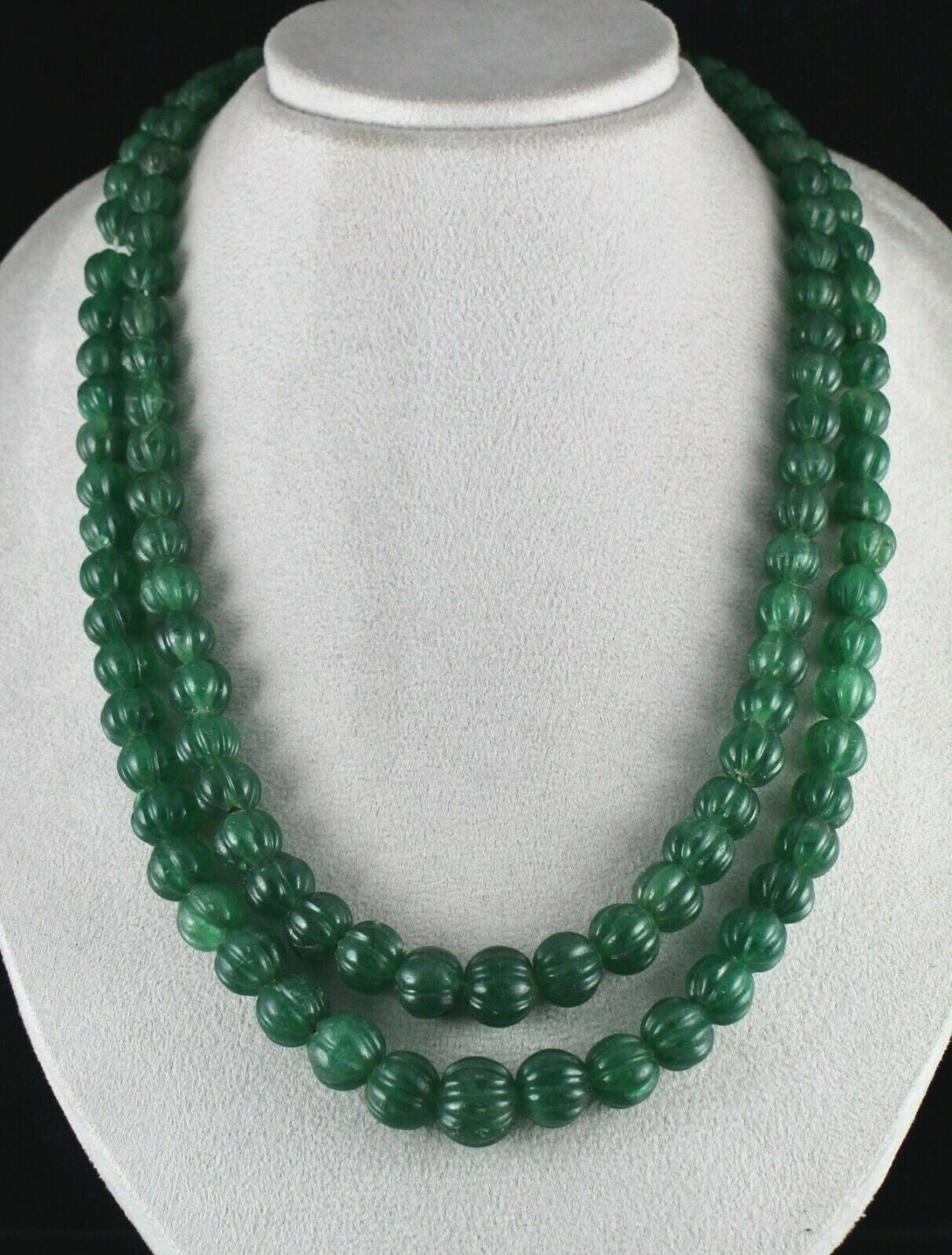 Natural Green Quartz 1034 Ct Melon Beaded Necklace, Carved Gemstone, 2 Line