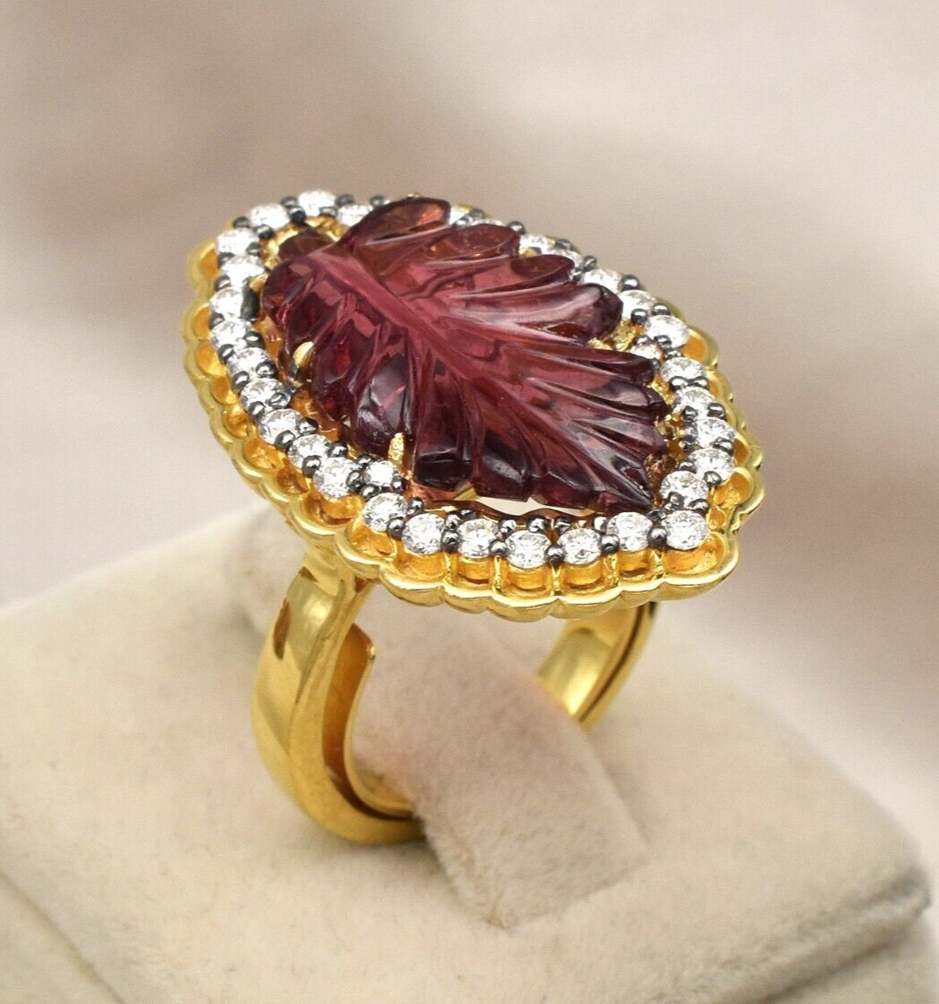 Fine Natural Pink Tourmaline Engraved Leaf Moissanite 925 Silver Statement Ring