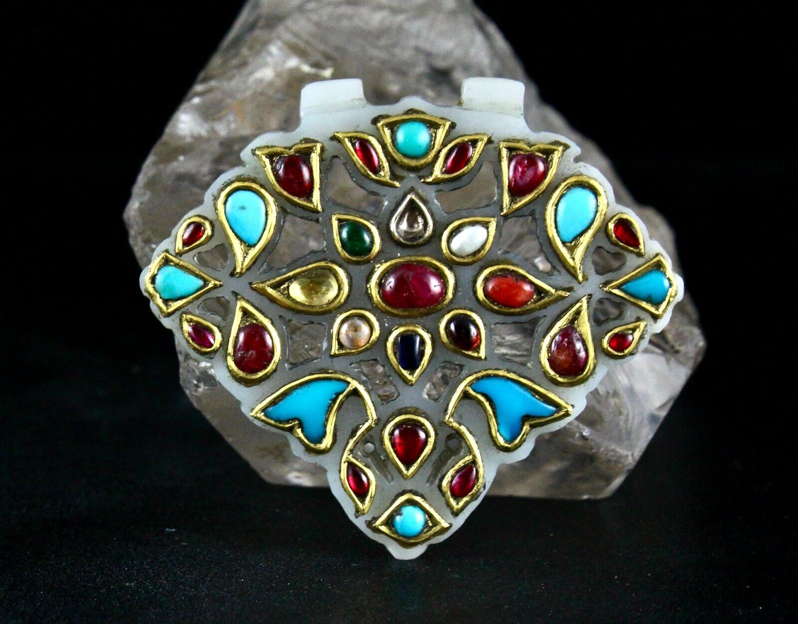 ANTIQUE PERSIAN JADE RUBY TURQUOISE NAVRATAN GEMSTONE DIAMOND 22K GOLD PENDANT