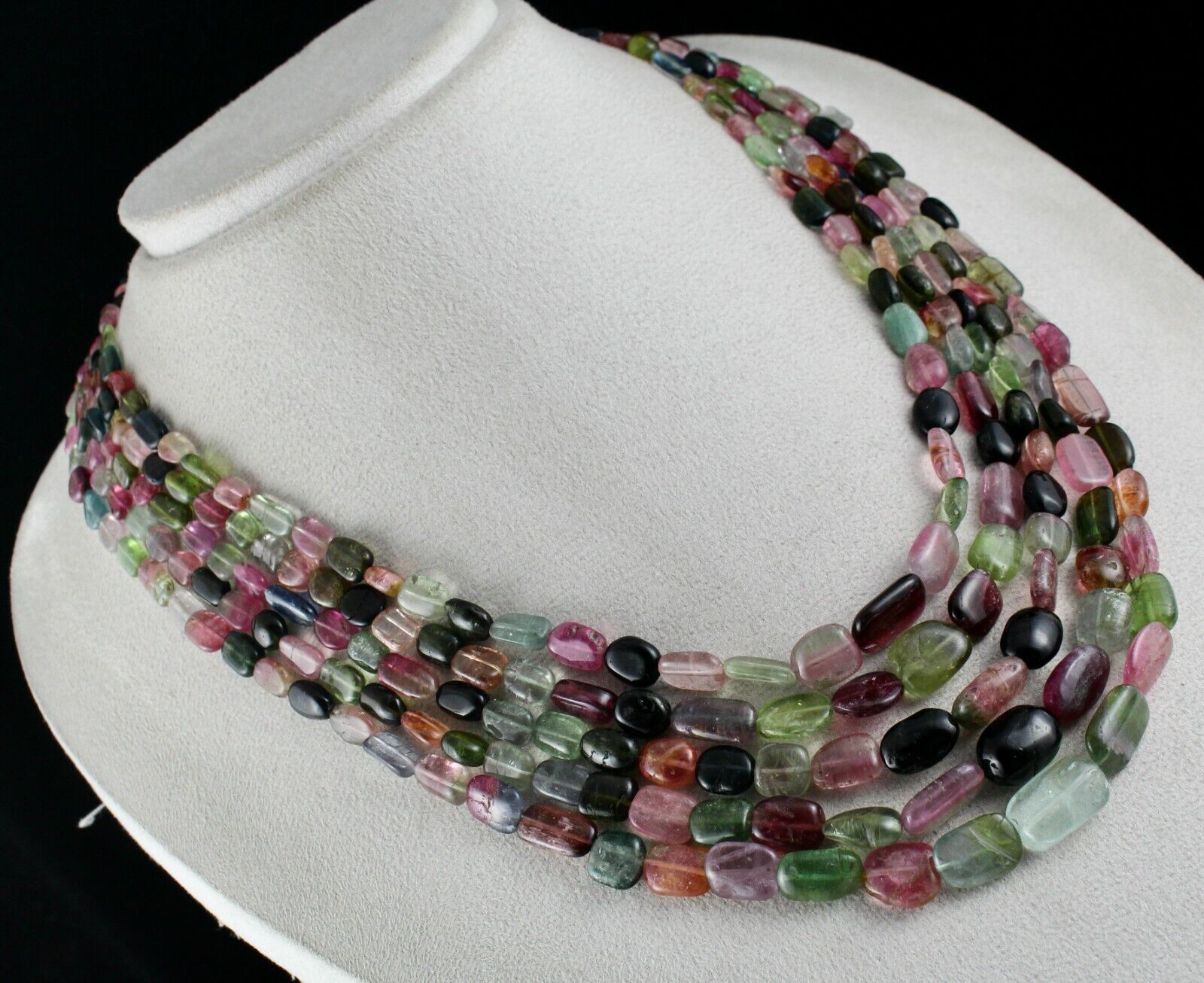 NATURAL MULTI TOURMALINE BEADS CABOCHON 5 LINE 713 CARATS GEMSTONE NECKLACE 