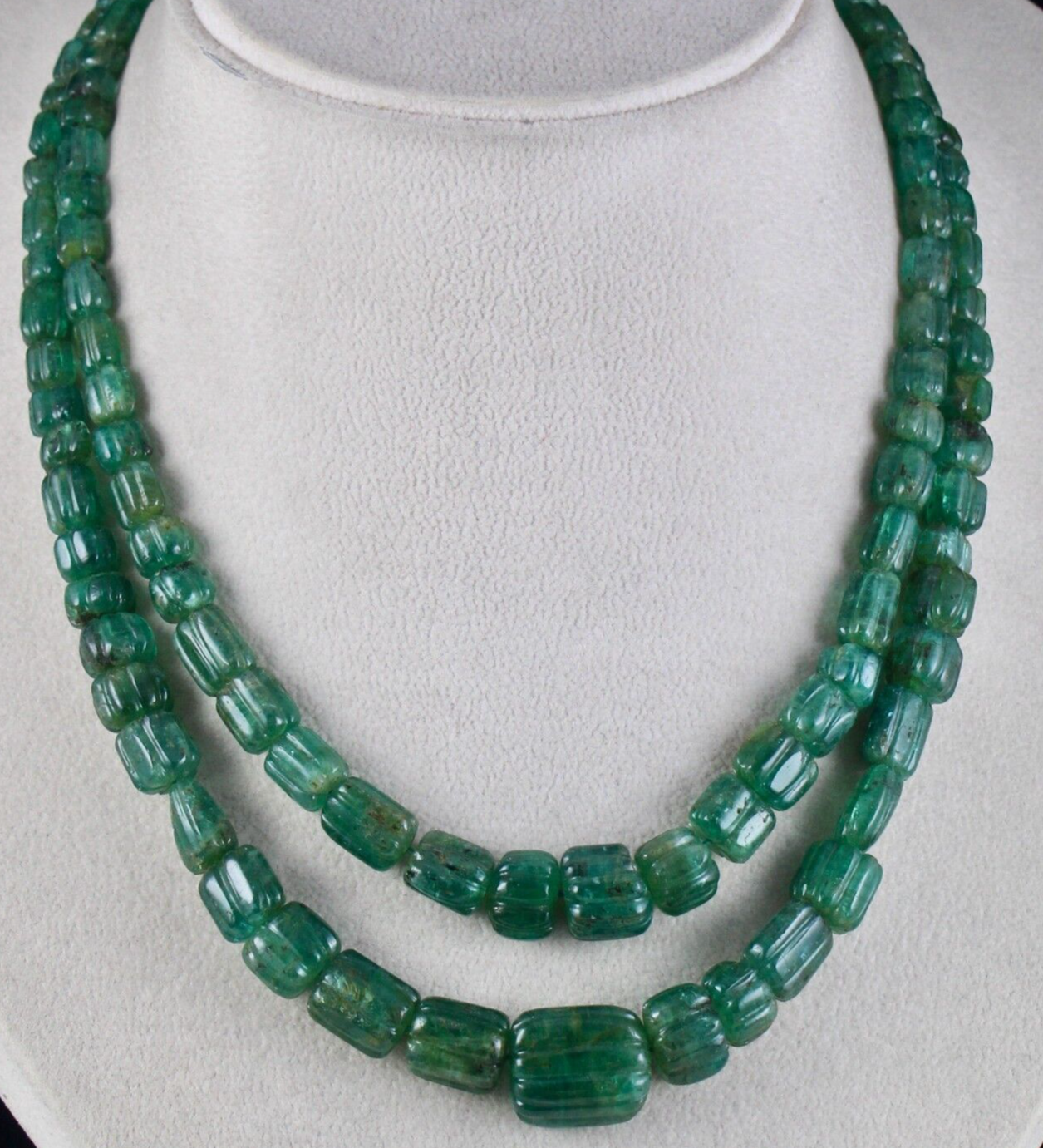 ANTIQUE 17MM NATURAL EMERALD BEADS CARVED 2 LINE 465 CARATS GEMSTONE NECKLACE 