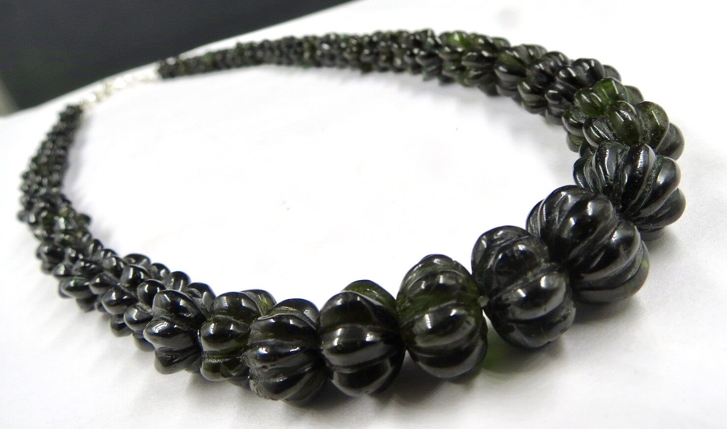 NATURAL BLACK TOURMALINE BEADS CARVED MELON 285 CARATS GEMSTONE SILVER NECKLACE