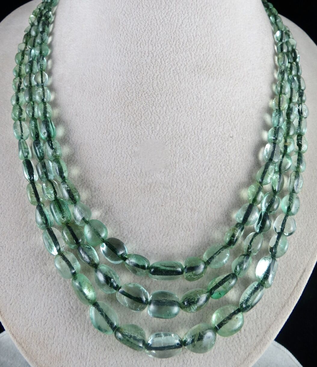 ANTIQUE NATURAL COLOMBIAN EMERALD BEADS CABOCHON 3 LINE 396 CTS STONE NECKLACE