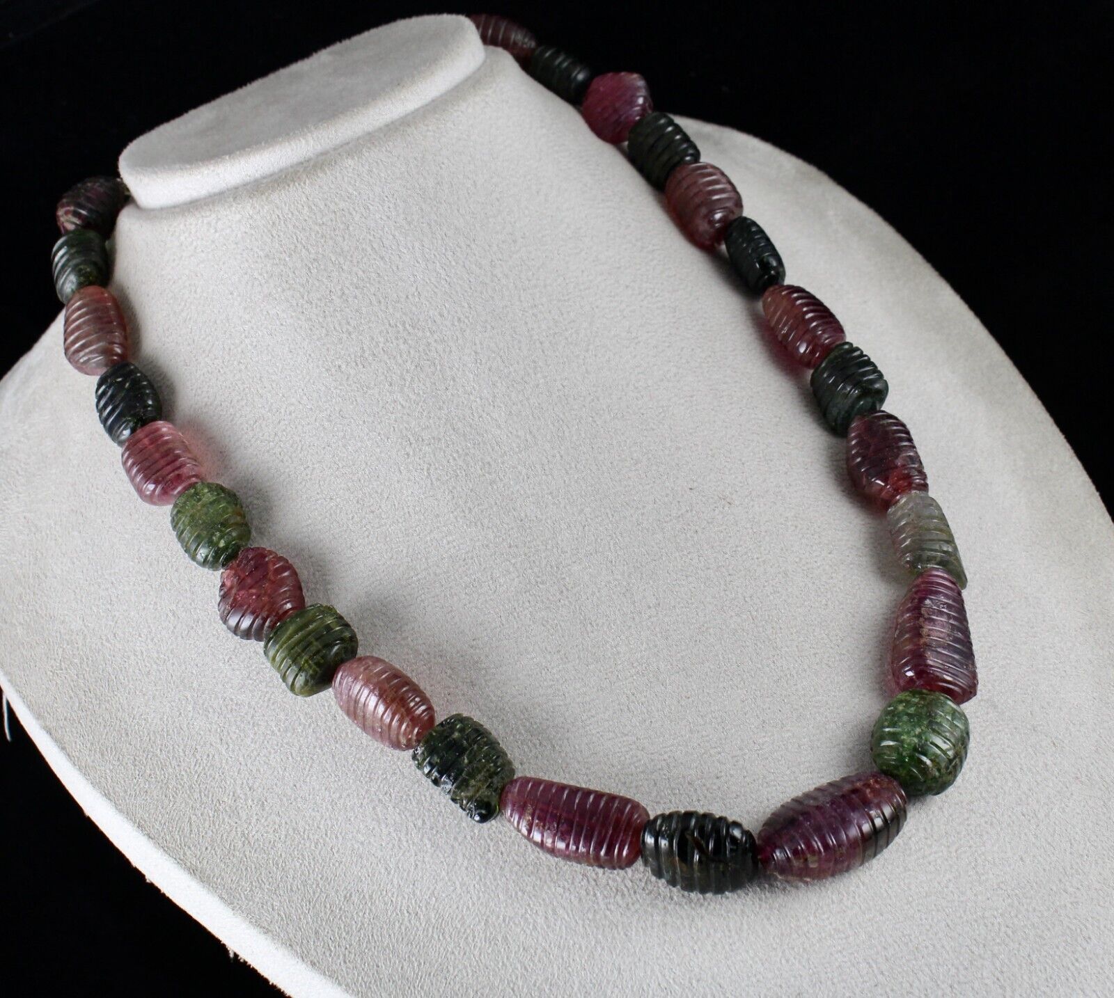 NATURAL MULTI COLOUR TOURMALINE BEADS CARVED CABOCHON 849 CARATS LADIES NECKLACE