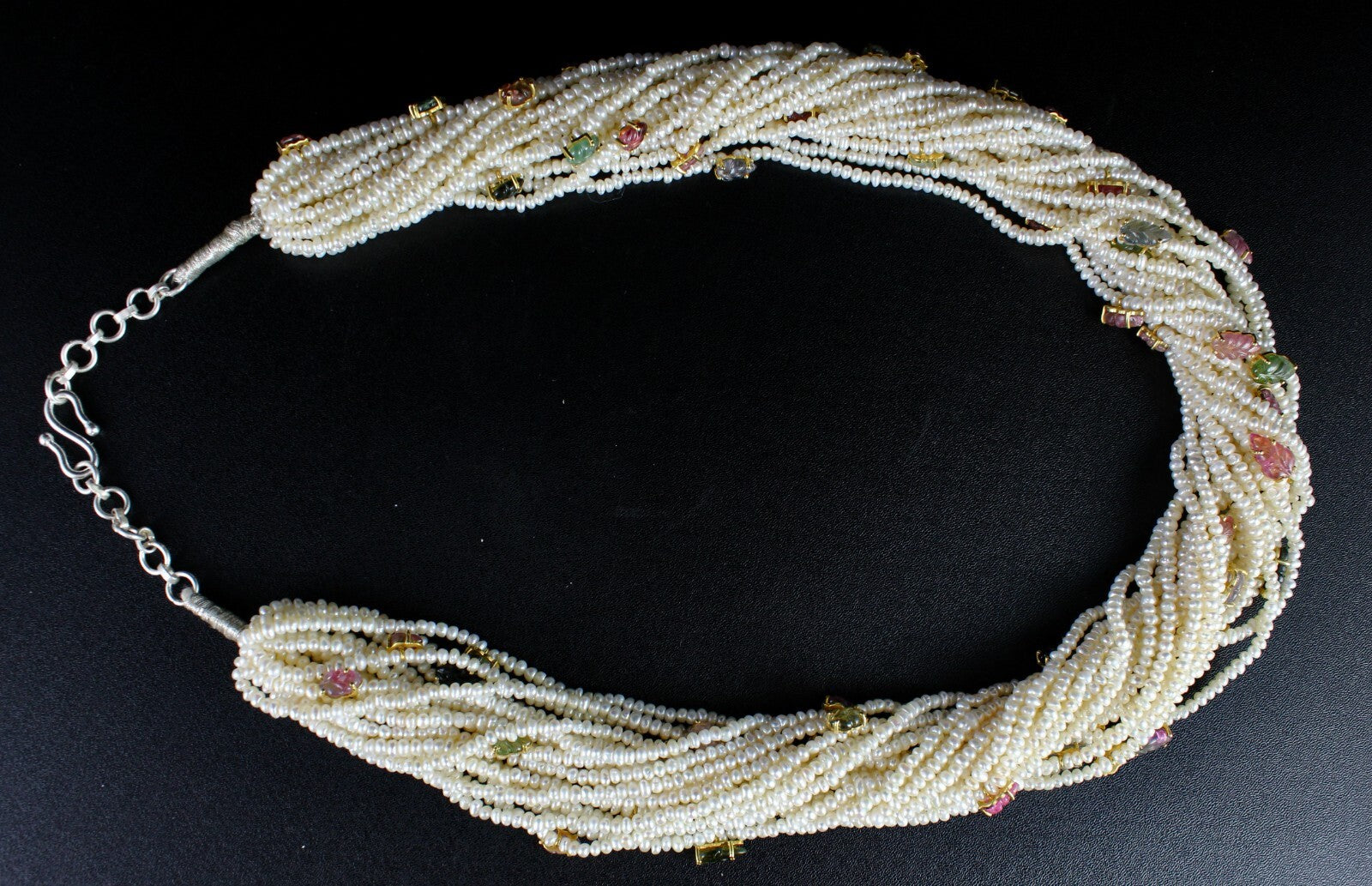 Certified Sterling Silver Designer Necklace Pearl Beads Tourmaline Leaf 972 Ct