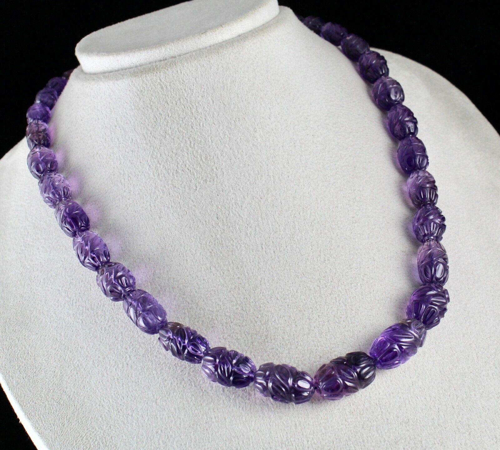 Top Natural Amethyst Beads Carved Long 488 Ct Gemstone Silver Vintage Necklace