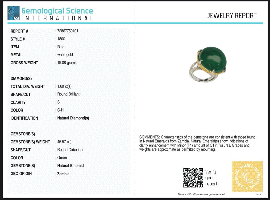 Certified Natural Zambian Emerald 10ct Cabochon Natural Diamond 18k Gold Ring