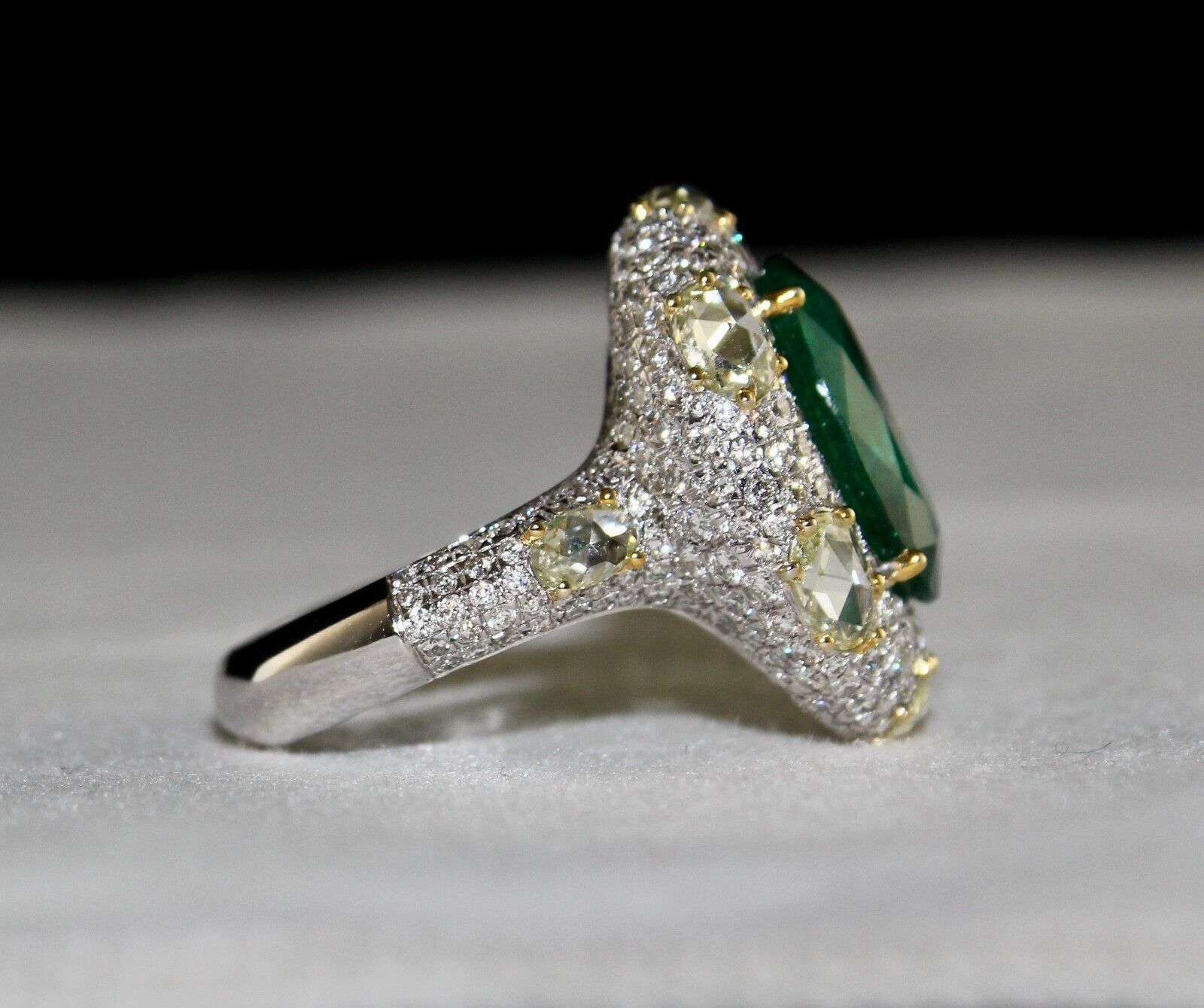 Certified Natural Zambia Emerald Oval Cut RoseCut Diamond 18K Gold Cocktail Ring