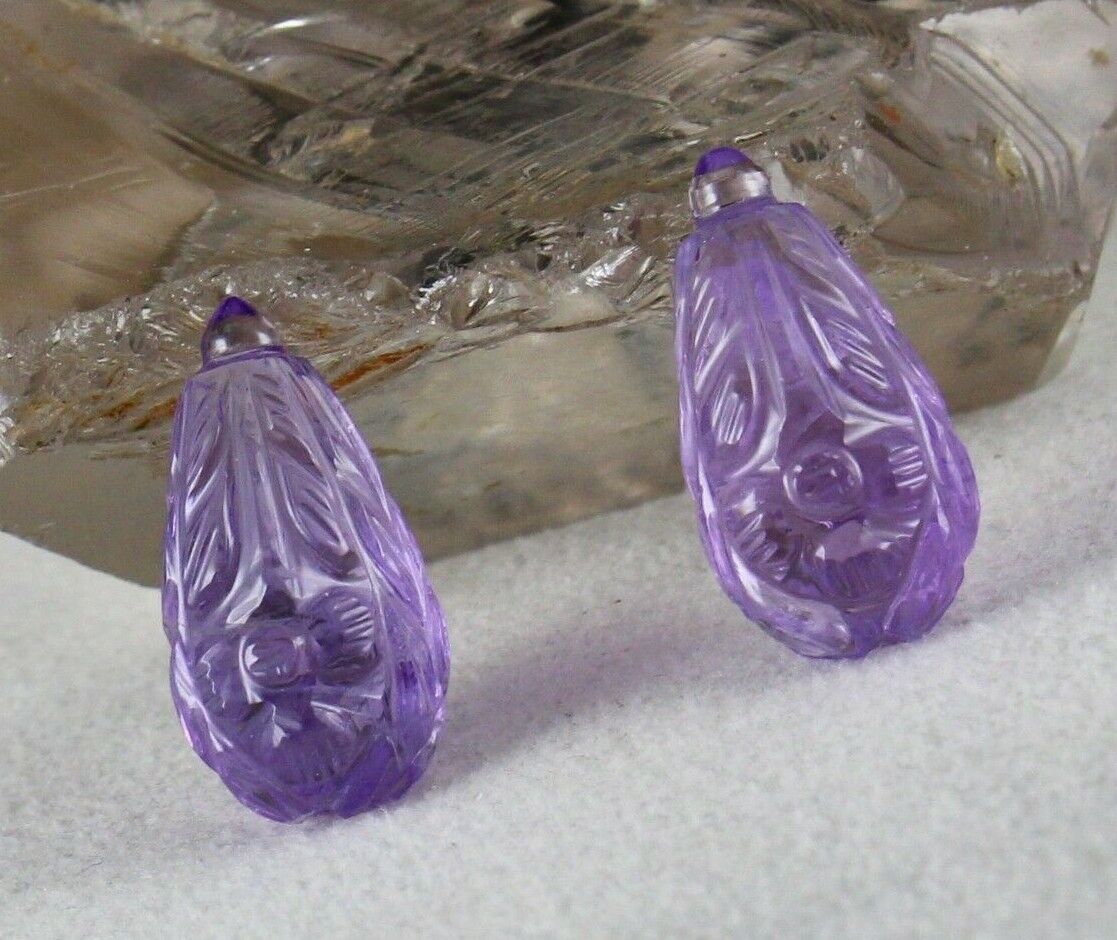 NATURAL AMETHYST CARVED DROPS PAIR 2 PCS 53.80 CARATS GEMSTONE EARRING DESIGNING