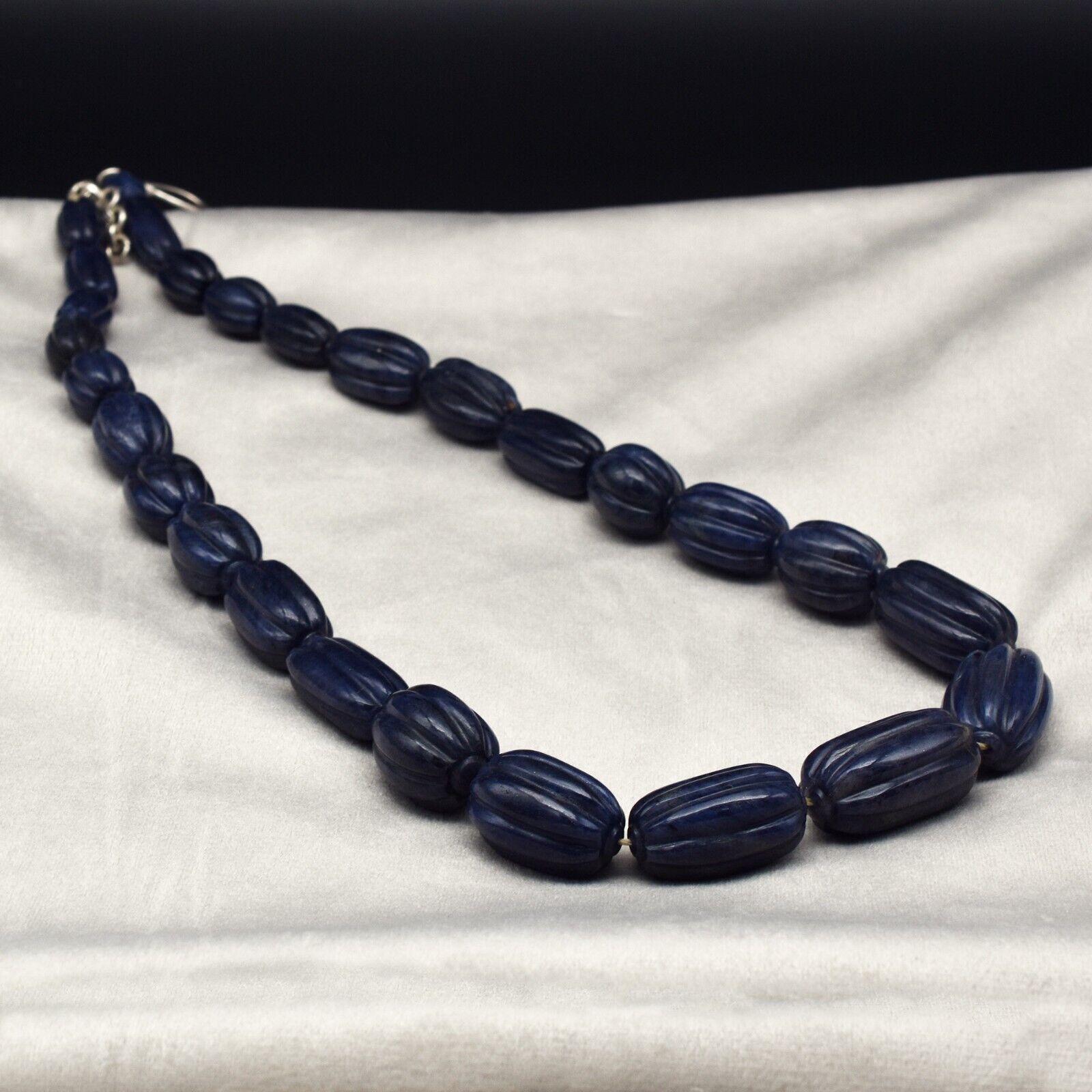 Vintage Necklace Natural Beads Blue Jade Carved long Gemstone 861 Ct Silver Hook