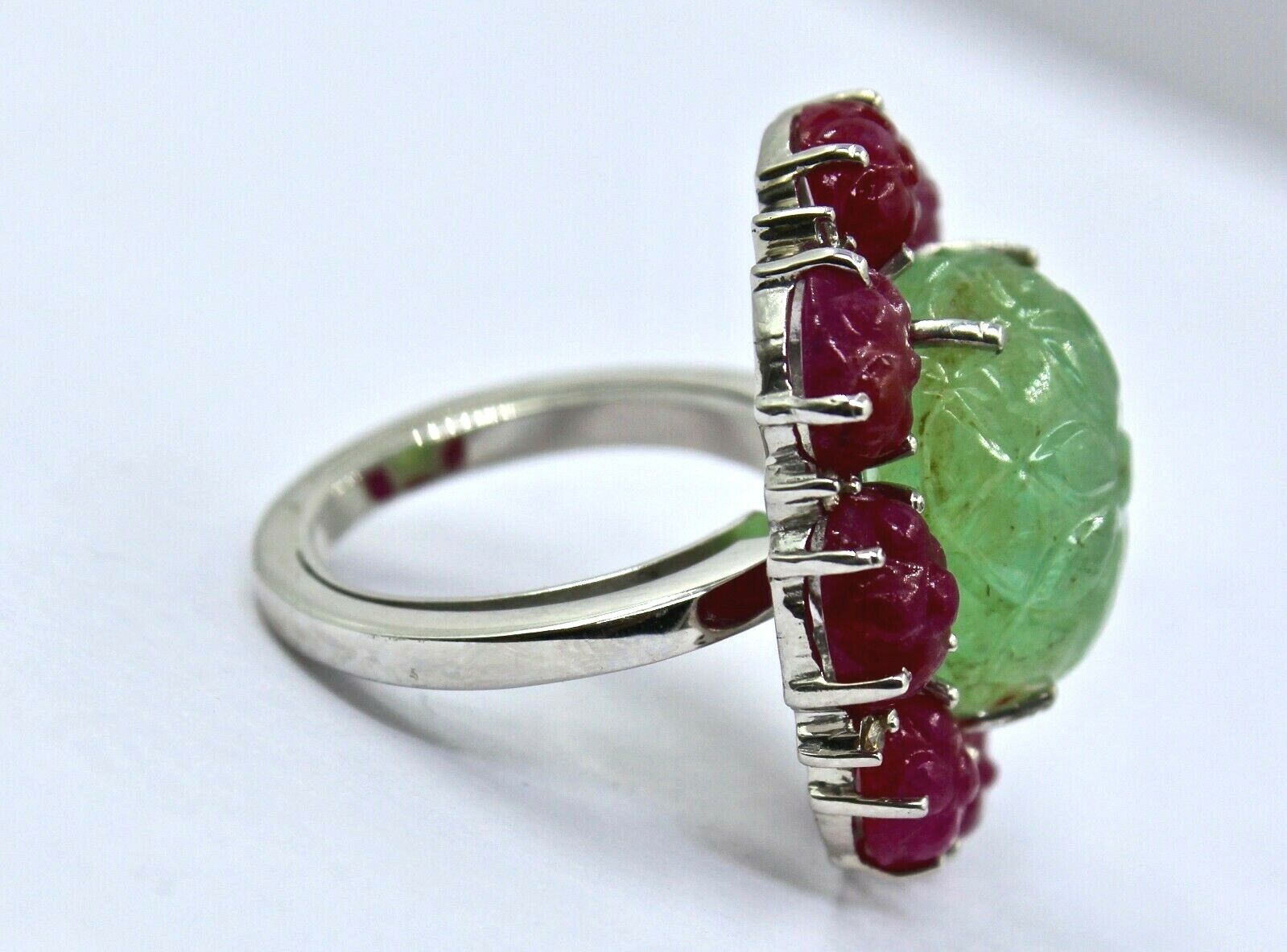 ANTIQUE NATURAL COLOMBIAN EMERALD RUBY CARVED GEMSTONE DIAMOND 925 SILVER RING