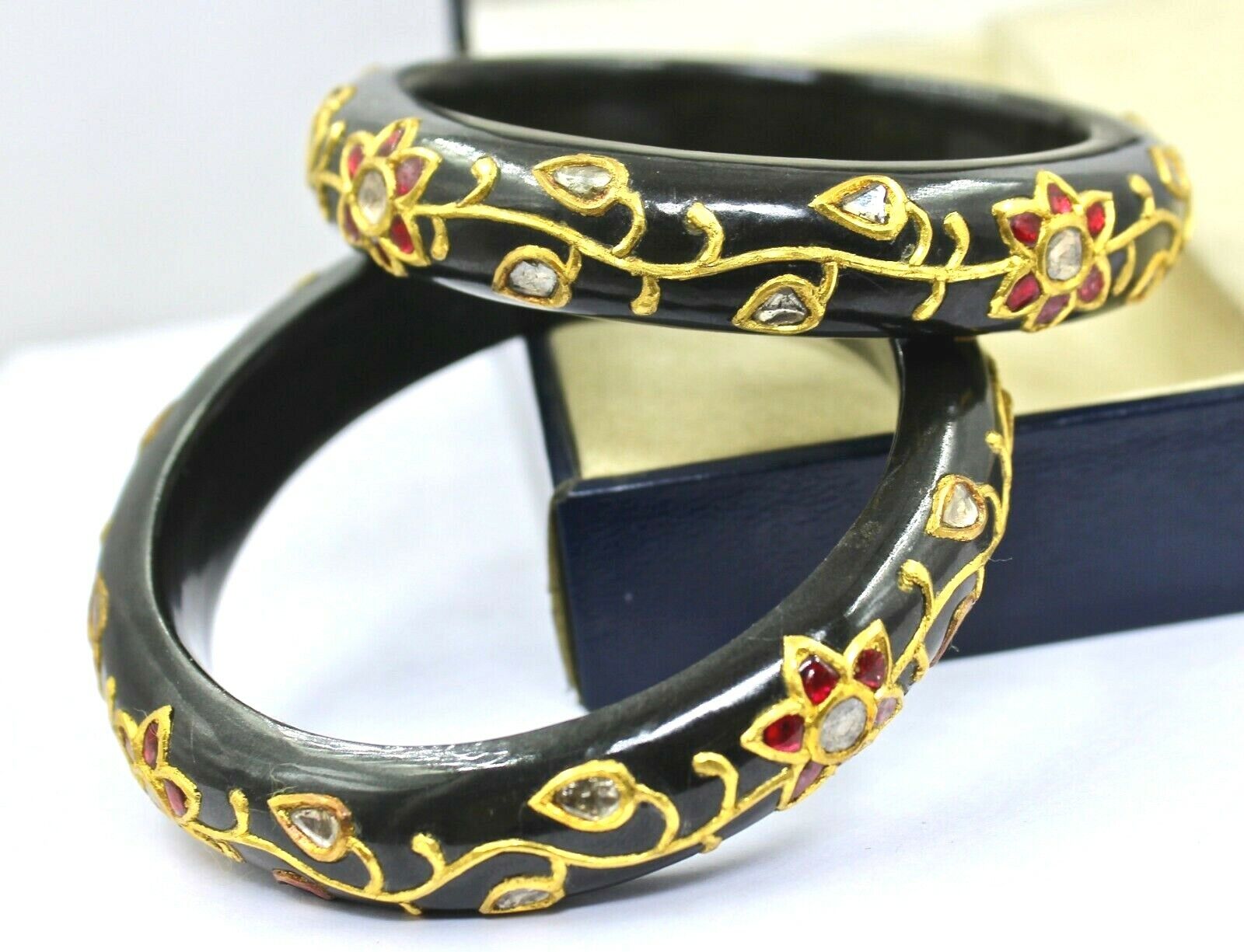 22k YellowGold Black Jade Ladies Bangle Pair Studded Ruby Diamond Jadau Gemstone