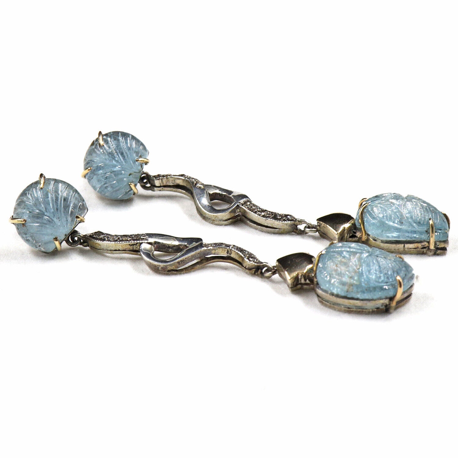 Natural Blue Aquamarine Carved Diamond 18K Gold 925 Silver Victorian Earring