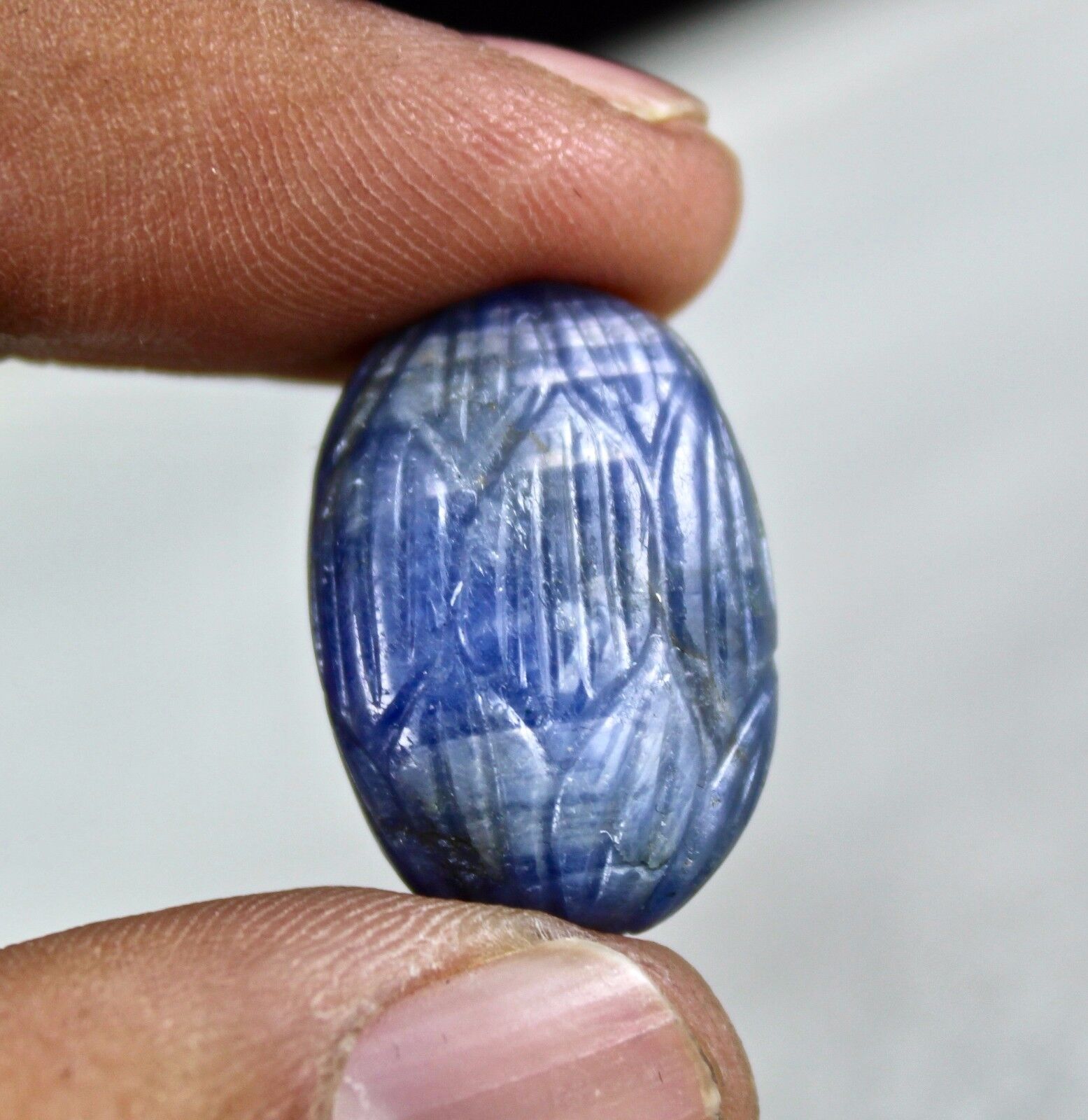 Old Natural Blue Sapphire Bead Engraved Oval 45.70 Ct Hanging Gemstone Pendant