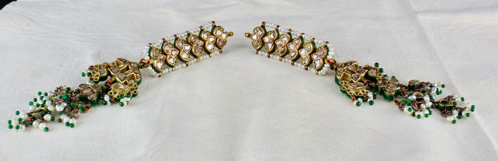 Antique Diamond Pearl 22K Gold Jadau Kundan Meena Ladies Peacock Dangle Earring