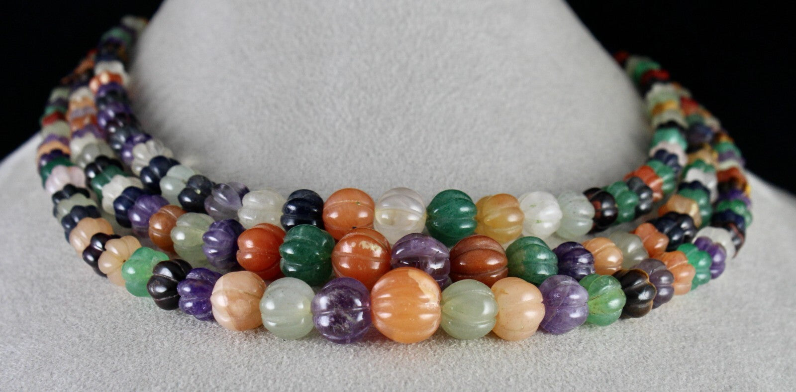 Antique Multi Natural Semi Precious Melon Beads 688ct Carved Gem Necklace