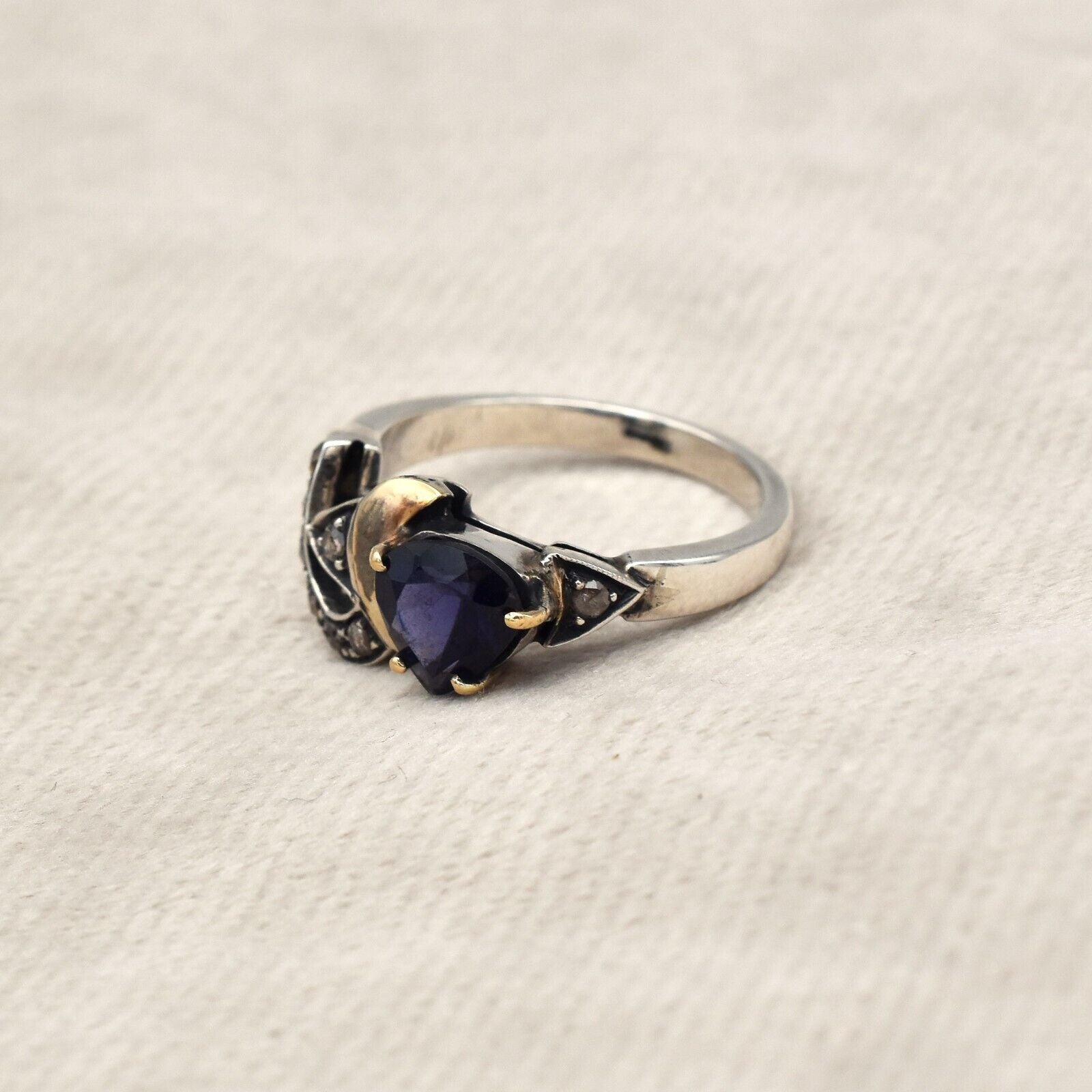 Vintage Blue Iolite Heart Cut 18K Gold Silver Victorian Women Fashion Ring