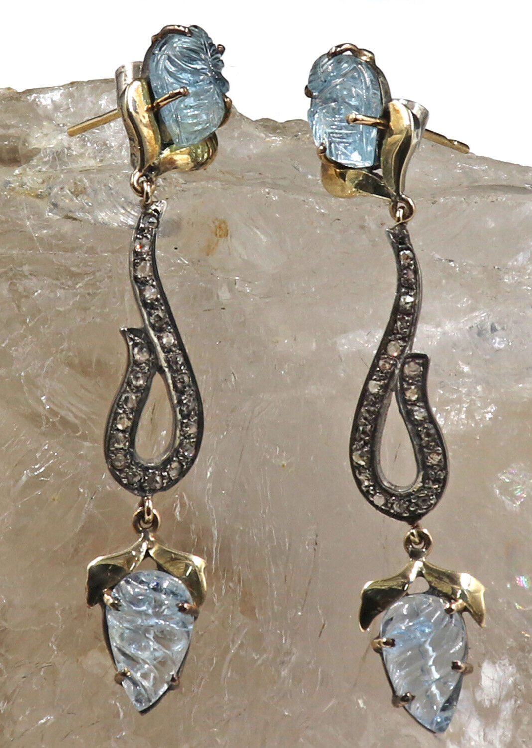 Natural Blue Aquamarine 10.00ct Carved Natural Diamond 18k Gold Silver Earrings