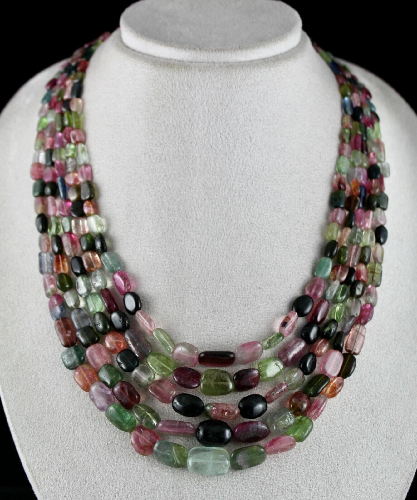 NATURAL MULTI TOURMALINE BEADS CABOCHON 5 LINE 713 CARATS GEMSTONE NECKLACE 