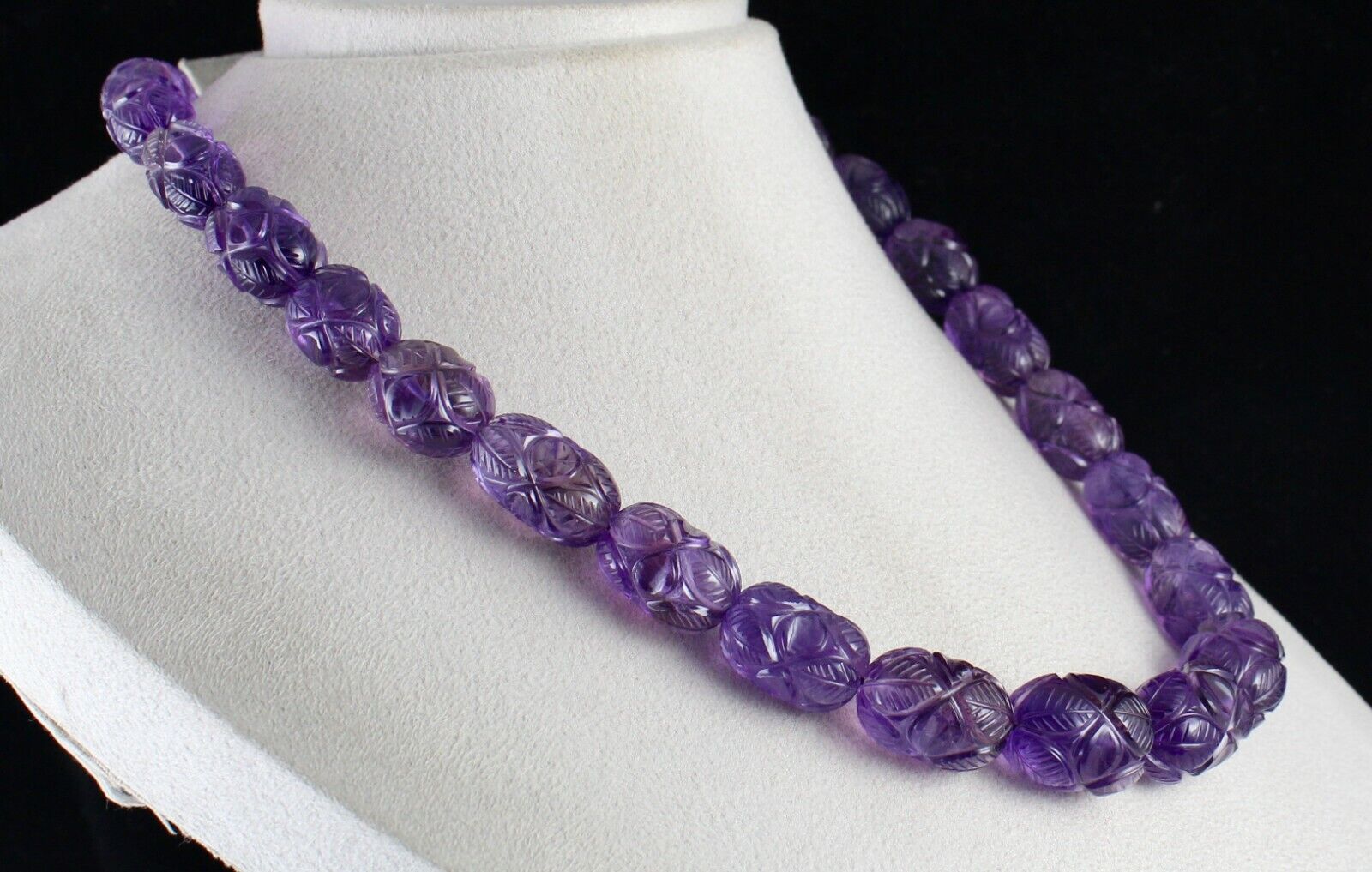 Vintage Natural Amethyst Beaded Engraved Long 926 Ct Gemstone Silver Necklace