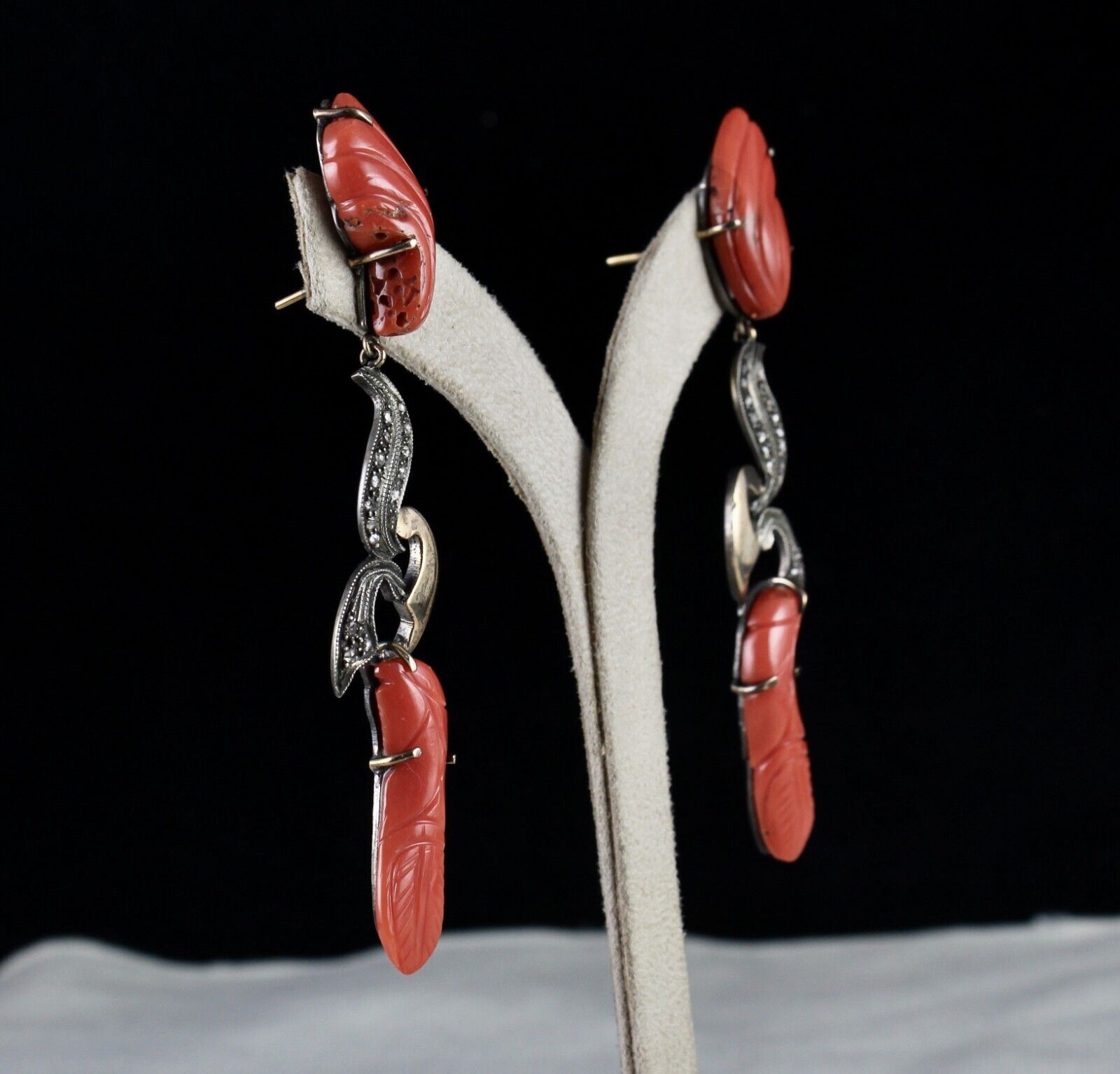 ESTATE NATURAL RED CORAL CARVED DIAMOND 18K GOLD  925 SILVER VICTORIAN EARRING