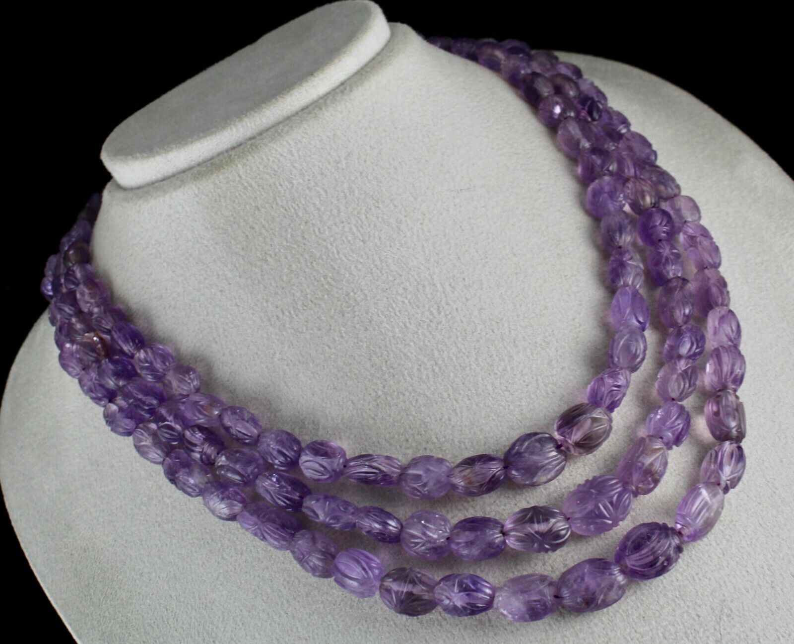 ANTIQUE NATURAL AMETHYST BEADS CARVED 3 LINE 716 CARATS GEMSTONE SILVER NECKLACE