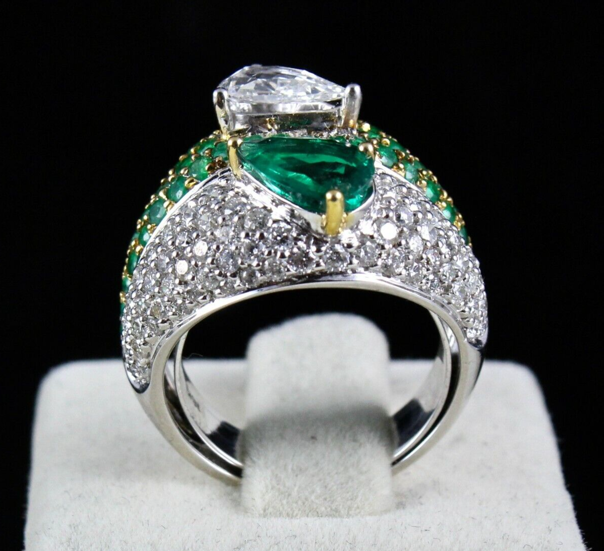 Certified Natural Emerald 10ct Rose Cut Natural Diamond 18k Gold Cocktail Ring