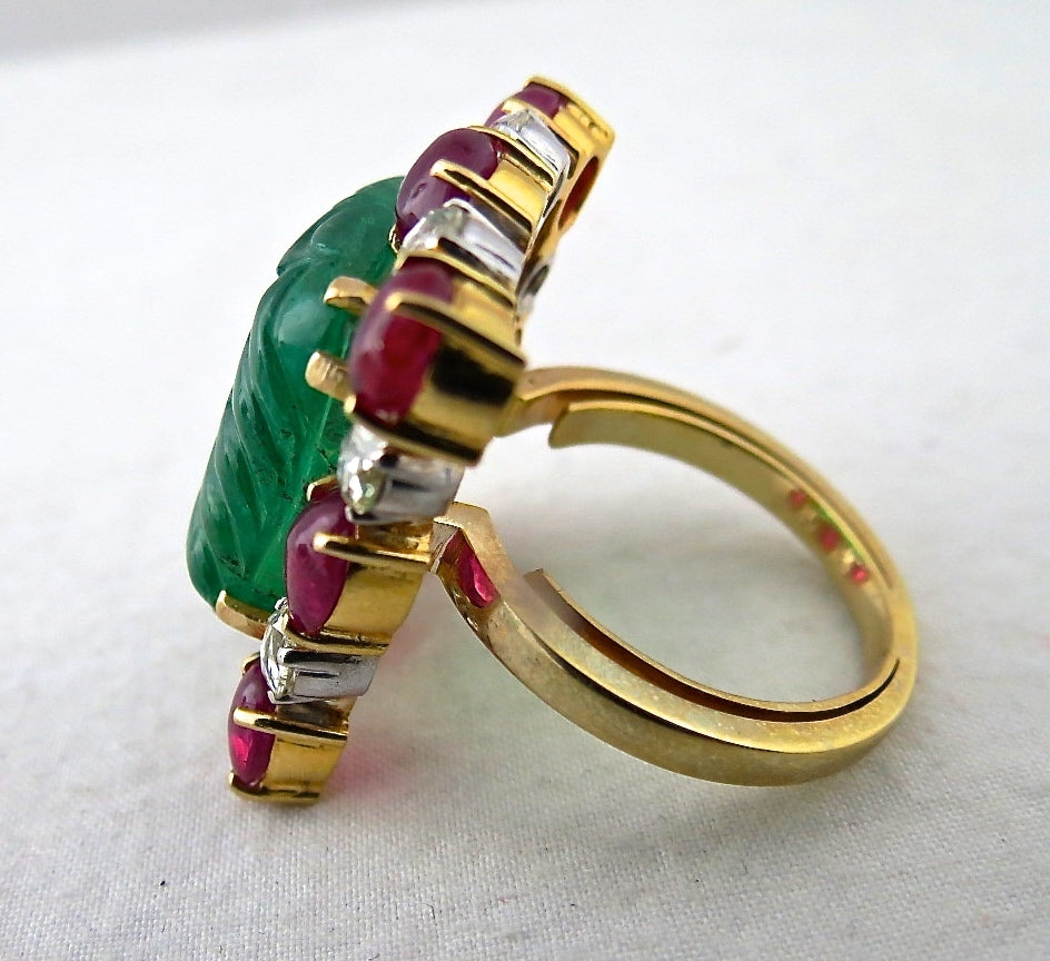 Certified Vintage Emerald 10ct Carved Burma Ruby Natural Diamond 18k Gold Ring