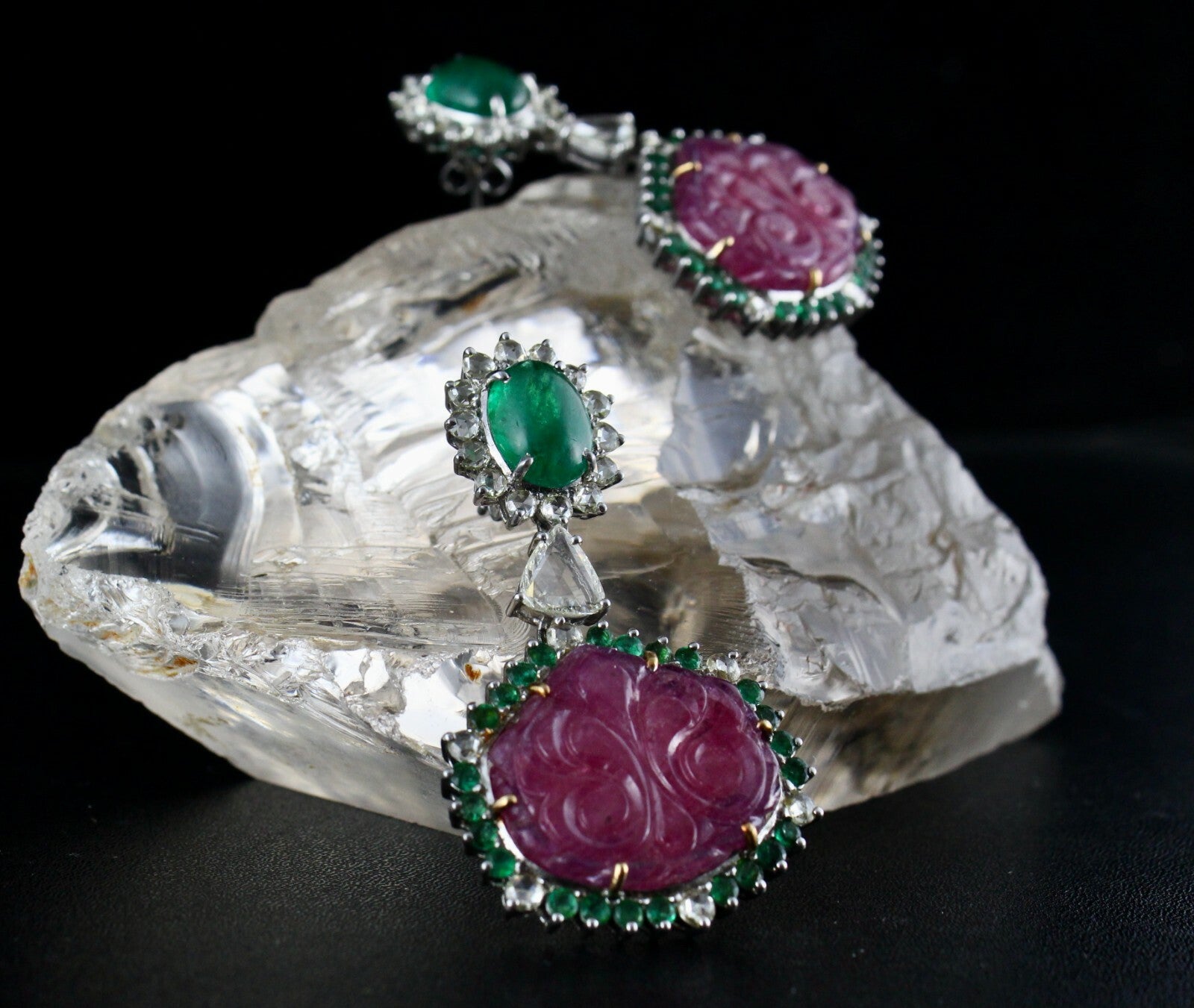 Certified Natural Emerald 169.45ct Ruby Carved Rose Cut Diamond 18k Gold Earring