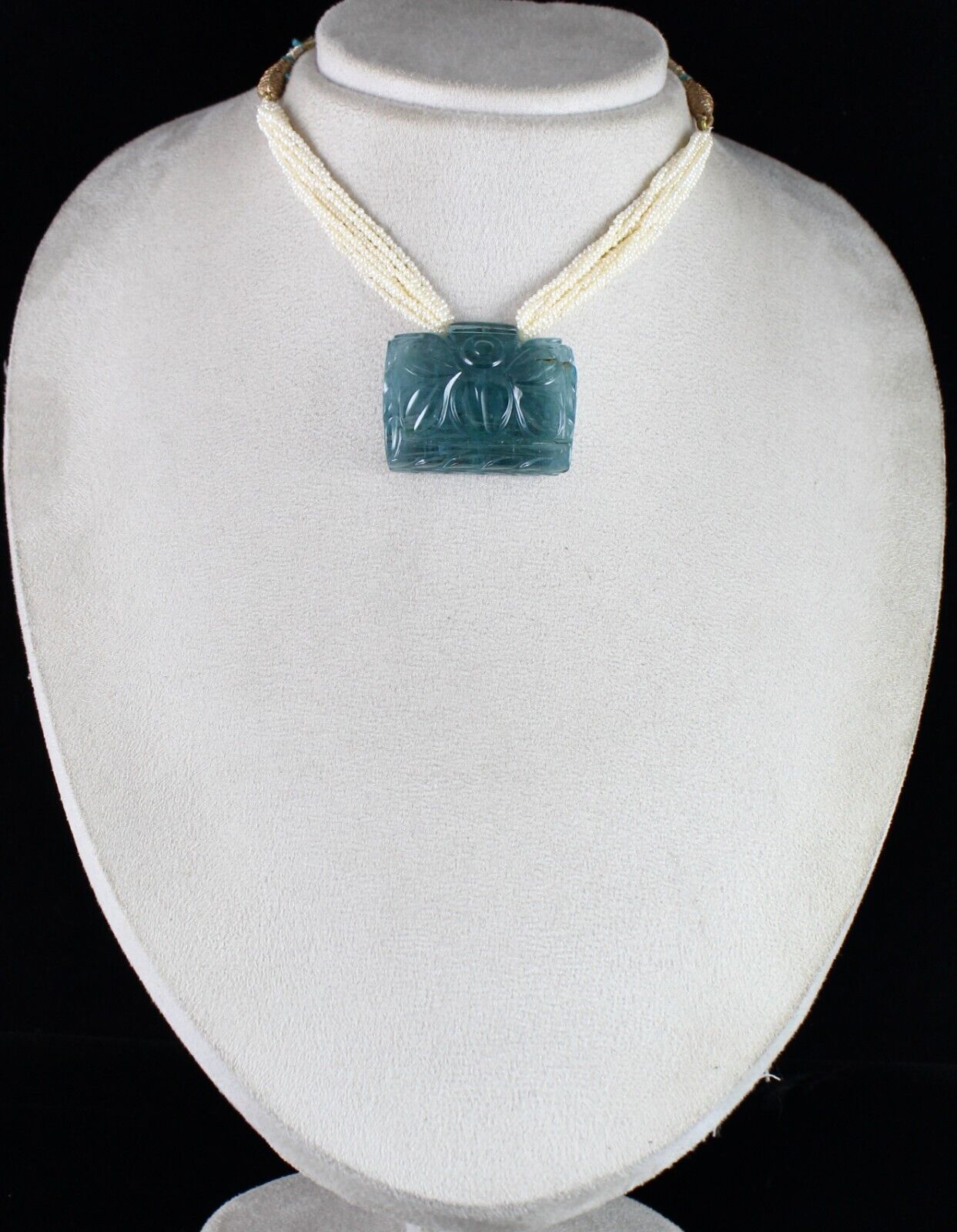 Natural Blue Aquamarine Carved 176.20 Ct Pearl Gemstone Old Antique Necklace